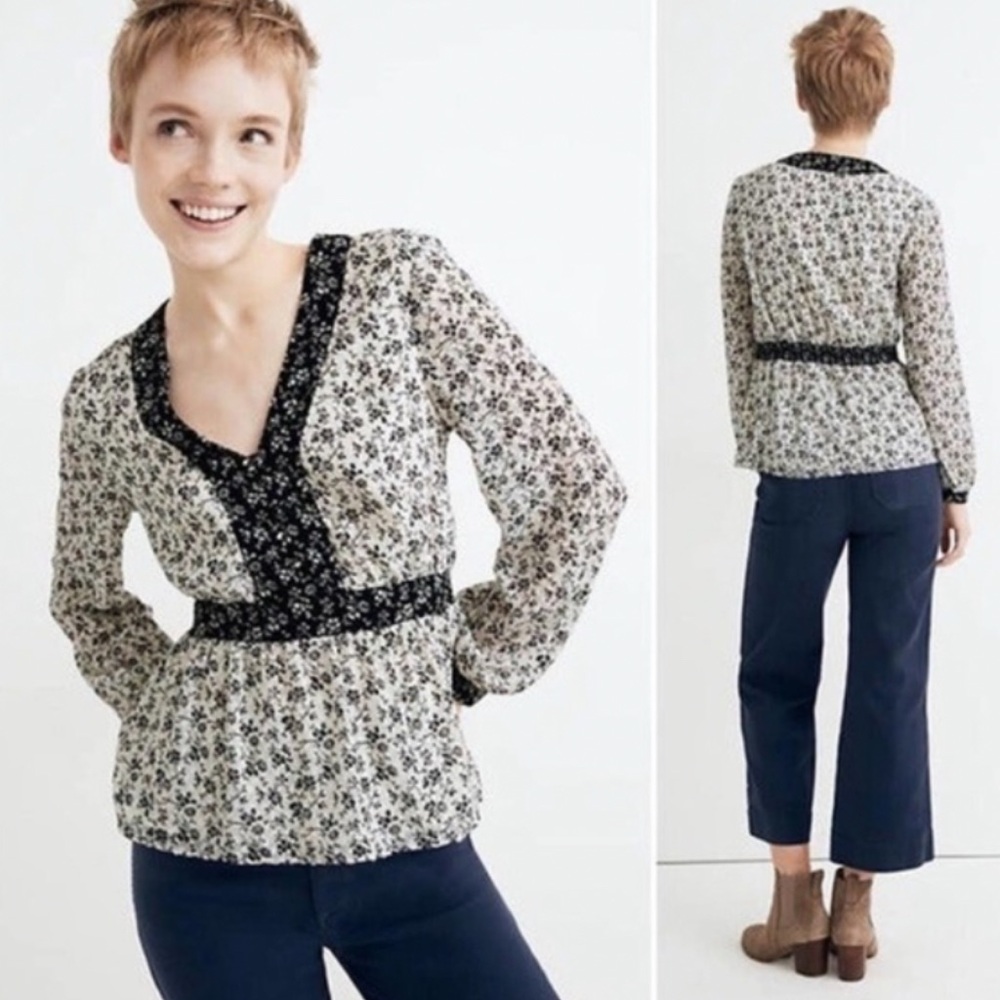 Madewell White and Black Long Sleeve Floral Top, Size S. NWT.